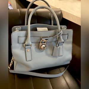 Michael Kors Hamilton Satchel Bag with Silver Chain And Lock Baby Blue